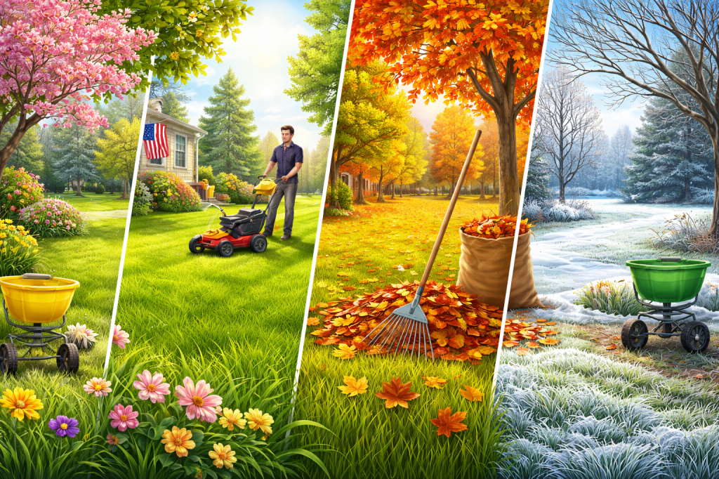 lawn care shown in each of the four seasons